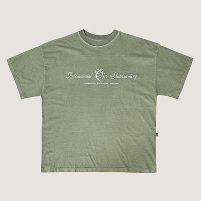 CAMISETA QIX BOX INTERNACIONAL SKATEBOARDS OLIVA ESTONADO